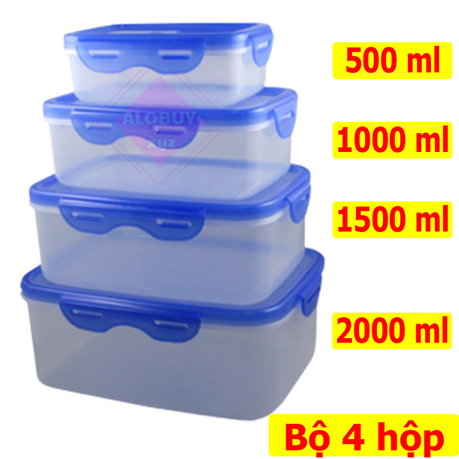 Bộ 4 hộp nhựa đựng thực phẩm chữ nhật cao cấp có nắp gài chắc chắn dung tích 500ml 1500ml 1500ml 2000ml nhựa trong suốt có nắp đậy- Màu ngẫu nhiên
