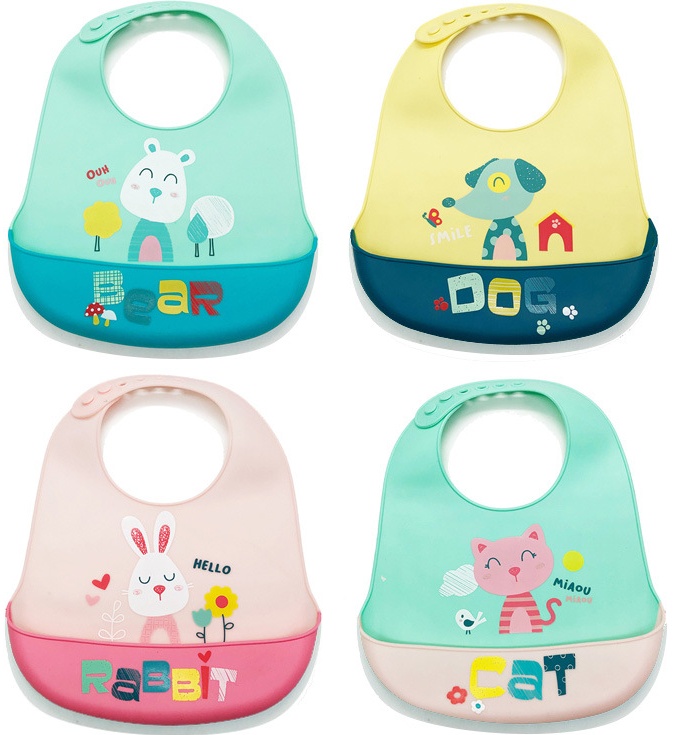 Yếm Ăn Dặm Silicon Hàn Quốc Có Máng Đựng Loại Siêu Mềm cho Bé Từ 4 Tháng Tuổi