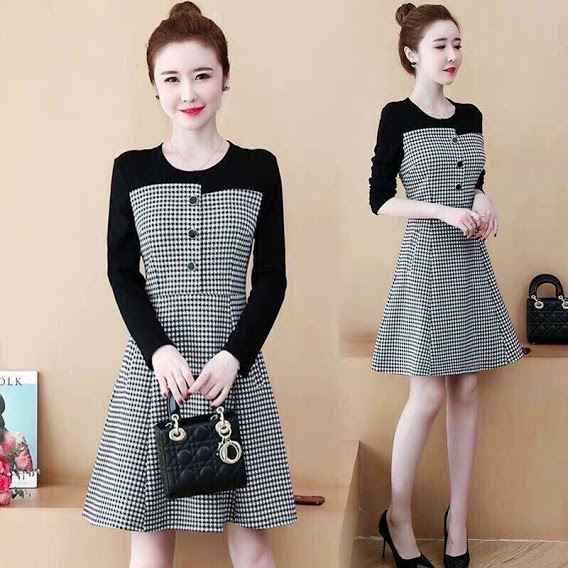 Đầm caro phối đen tay dài