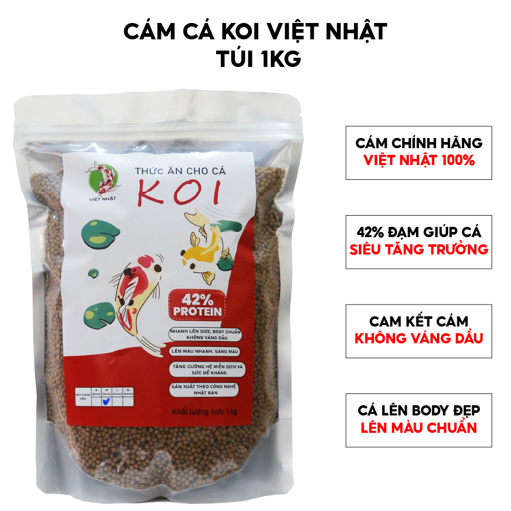 Cám cá Koi Việt Nhật 1kg độ đạm cao 42%, cá siêu tặng trưởng, không váng dầu, lên màu đẹp,body chuẩn