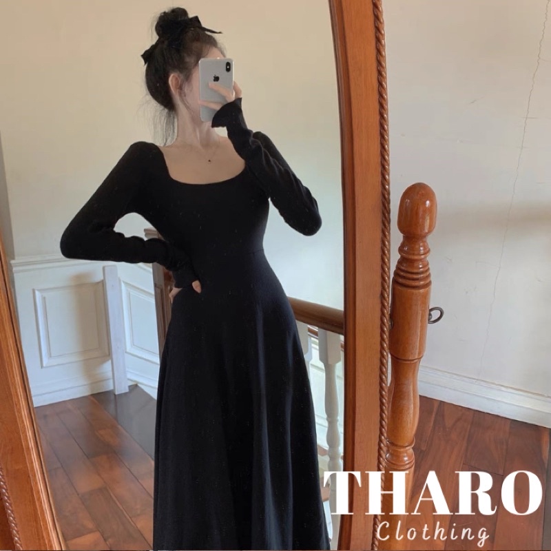 Đầm xòe chữ a cổ vuông tay dài basic - tharo clothing