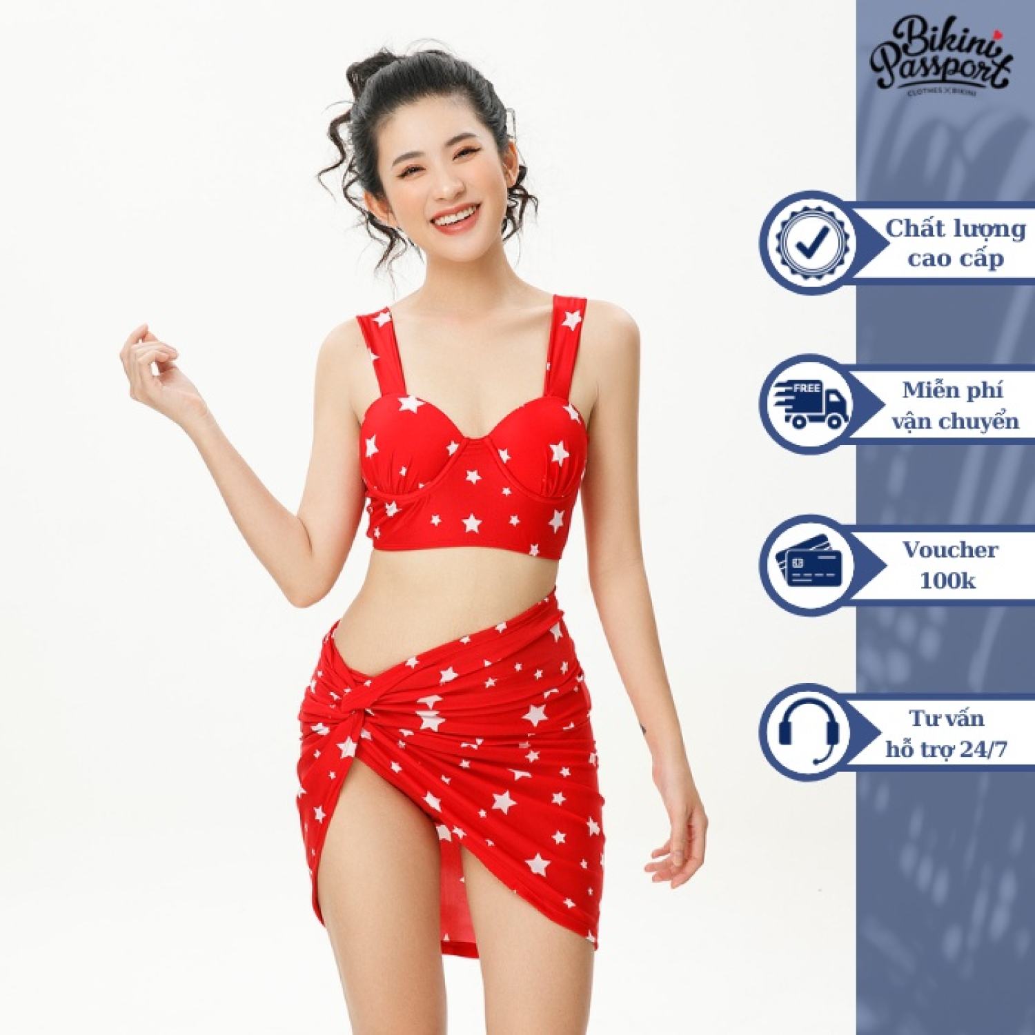 Bộ đồ bơi nữ bikini passport kiểu hai mảnh áo gọng, váy dài cover - đỏ - bs428_rd