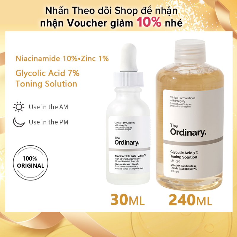 Combo tinh chất ngừa mụn thâm the ordinary niacinamide 10% + zinc 1%- 30ml & glycolic acid 7% toning solution - 240ml - intl