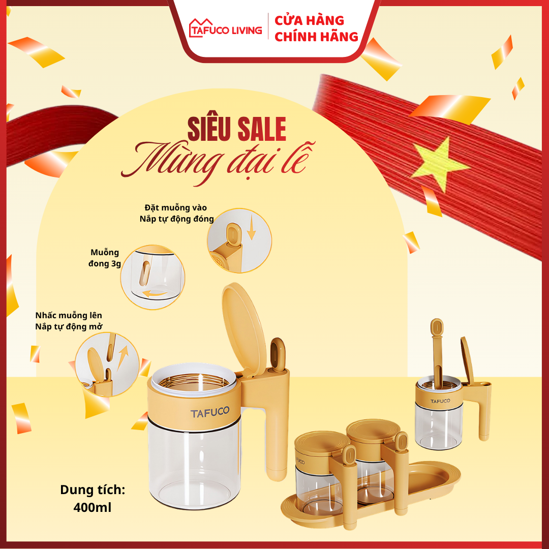 Lọ, Hũ đựng gia vị TAFUCO bằng thủy tinh kèm muỗng, có nắp thiết kế cơ chế tự động đóng mở, dung tích 400ml