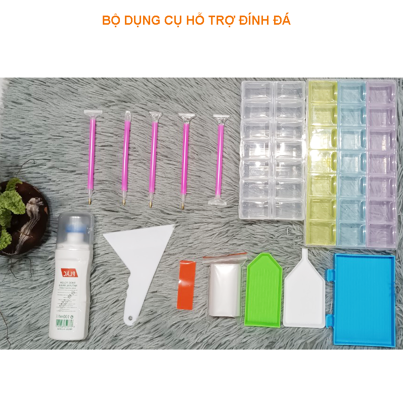 Bộ Dụng Cụ Hỗ Trợ Làm Tranh Đính Đá (Khay đựng đá hộp trong suốt có nắp, chai vệ sinh tranh, sáp, cây đính đá, túi zip)