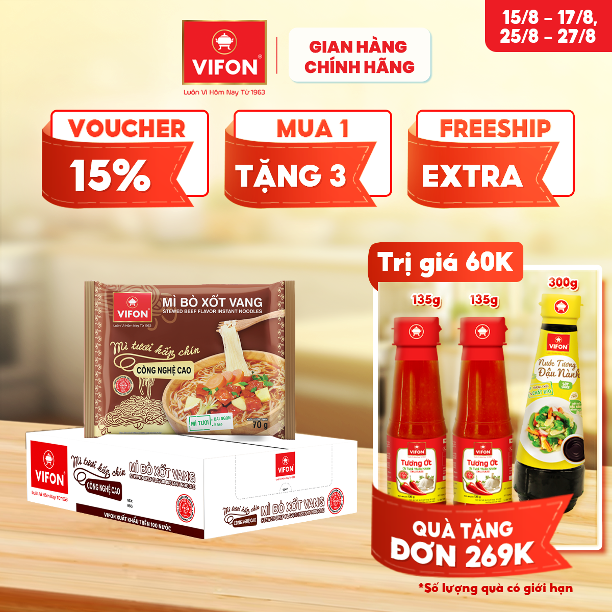 [VOUCHER đến 80K]-Thùng 30 gói Mì Tươi Bò Xốt Vang/ Thịt Bằm / Tôm Chua Cay VIFON 70gr/Gói