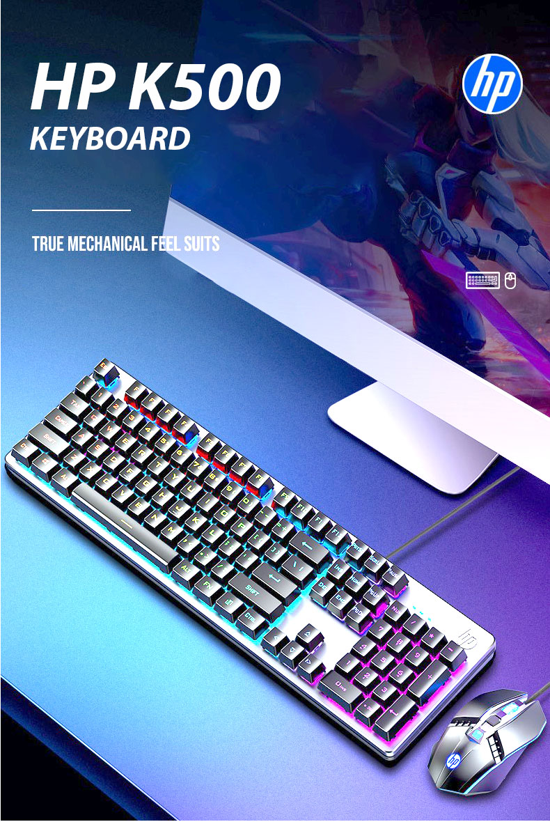 Bộ Phím chuột Chuyên game, Văn phòng, Đền nền LED 7 màu với 3 Hiệu ứng chuyển đổi rất đẹp; Combo Bàn phím HP K500 và Chuột HP M270 - Hàng nhập khẩu Chính Hãng
