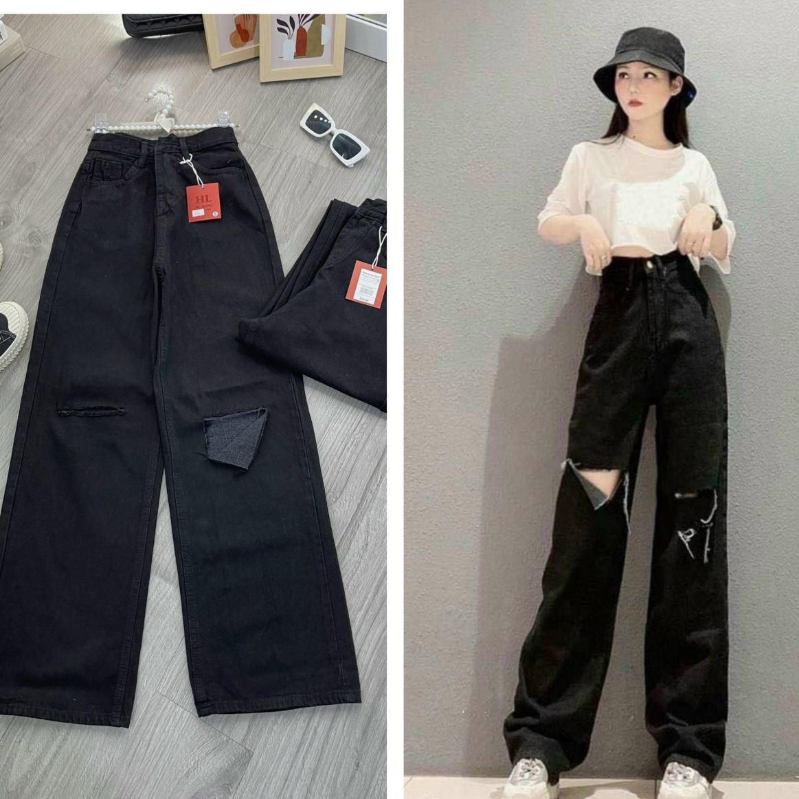 Quần jean nữ ống rộng - Quần jean dáng suông rách kiểu siêu đẹp, tôn dáng - Jeans Fashion93