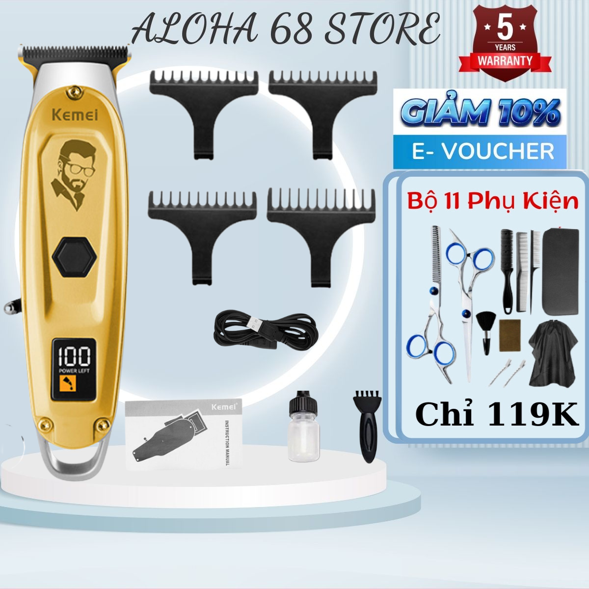 Tông Đơ Cắt Tóc Kemei PG1947, Tăng Đơ chấn viền động cơ Turbo cao cấp, Máy hớt tóc loại tốt công suất lớn lưỡi cắt siêu bén pin siêu trâu