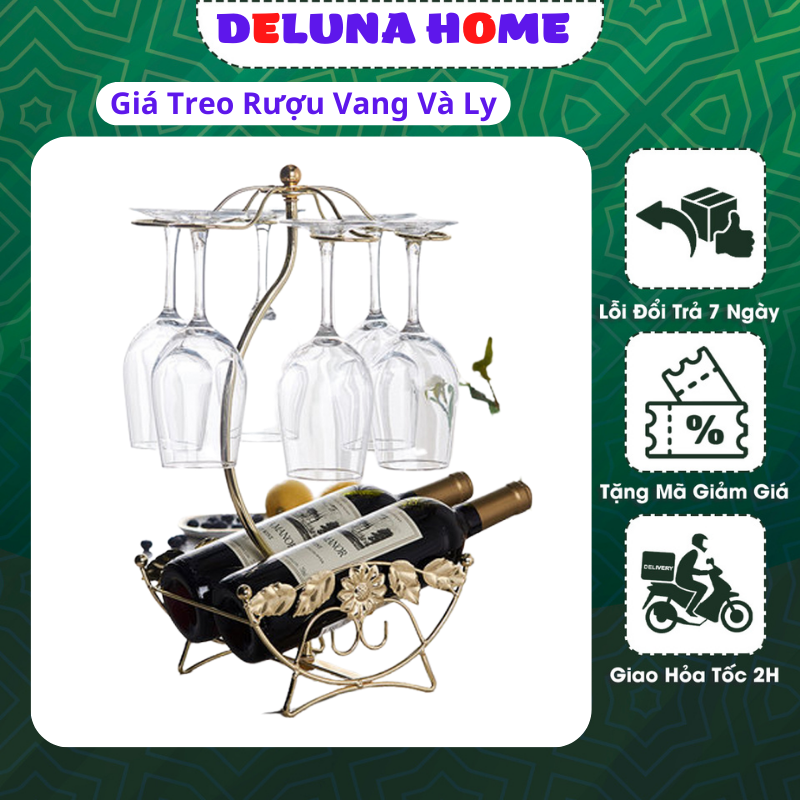 Giá treo ly rượu vang kèm kệ đỡ chai rượu phong cách châu âu askv02, kệ để ly rượu loại 6 ly và 2 chai màu sắc cổ điển chất liệu thép không rỉ - hàng chính hãng