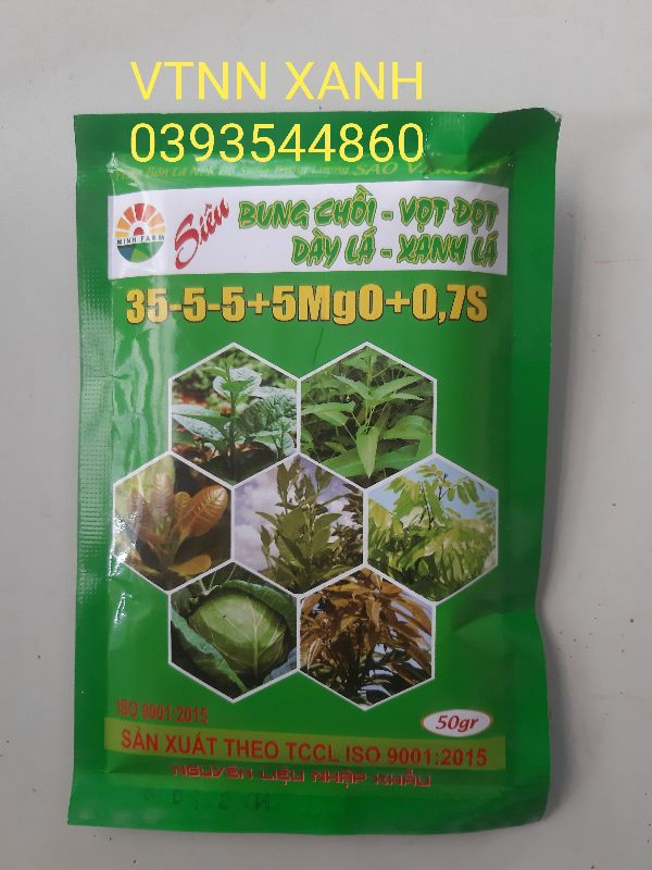 Siêu bung chồi Vọt đọt Dày lá Xanh lá 35-5-5-5MgO-0,7S Phân bón lá gói 50gr