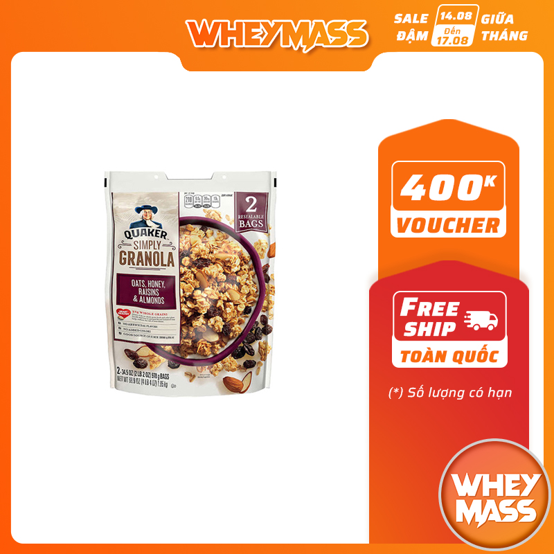 Ngũ Cốc Dinh Dưỡng Mật Ong Hạnh Nhân Nho Khô Ăn Liền Yến Mạch Quaker Simply Granola Raisins Almonds 2lbs (1kg)