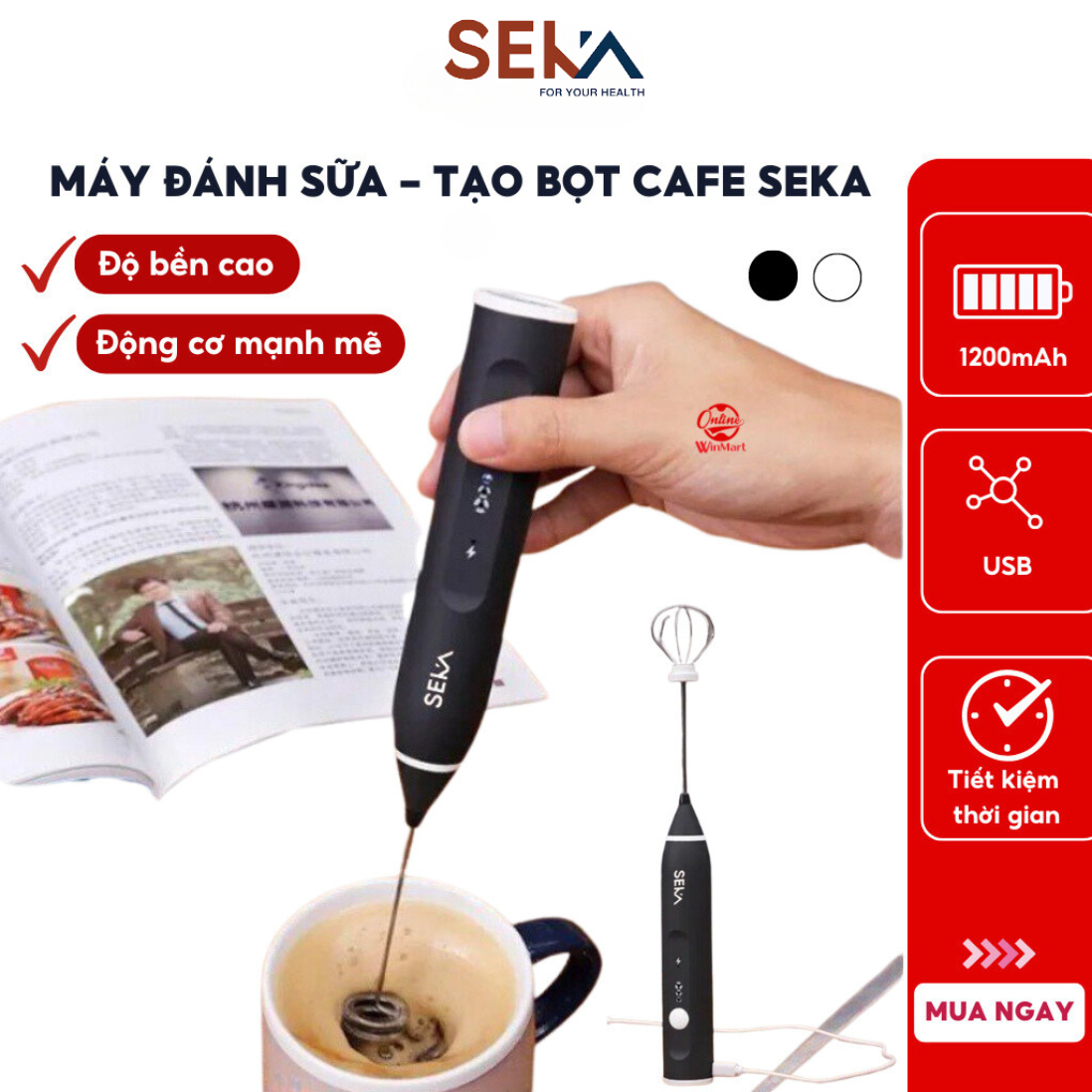 Máy đánh trứng seka 3 cấp độ, que tạo bọt cafe mini cầm tay không dây hỗ trợ sạc pin sủ dụng tiện lợi - bảo hành 12 tháng