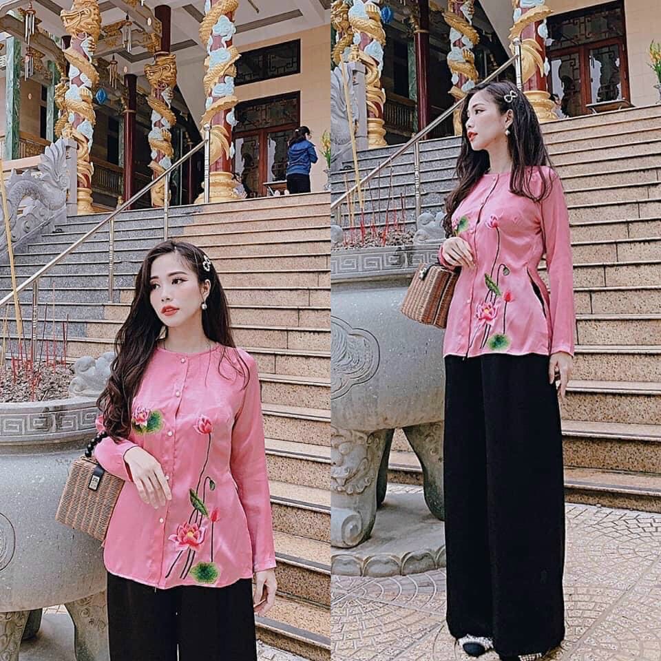 Bộ lam đi chùa thêu hoa sen cực đẹp, duyên dáng, trang trọng, lịch sự , xsdx