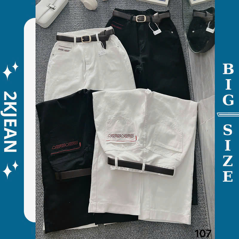  Quần ống suông rộng jean nữ trơn Bigsize 55kg-90kg kiểu thêu chữ mm hàng QC cao cấp kiểu dáng trơn QC107 2KJeans 