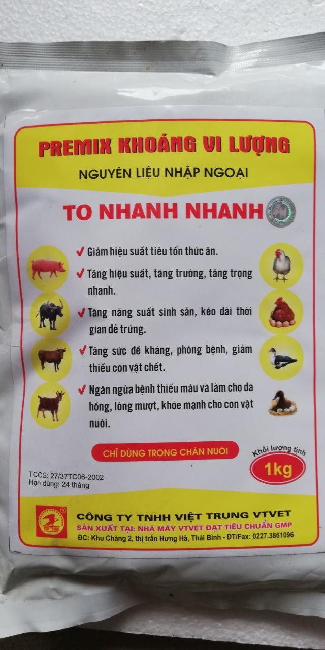 1 gói 1Kg PREMIX KHOÁNG VI LƯỢNG NGUYÊN LIỆU NHẬP NGOẠI TO NHANH NHANH giúp vật nuôi tăng trưởng, tăng trọng nhanh