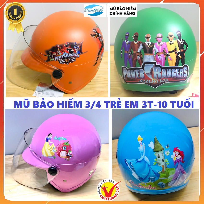 Nón bảo hiểm 3/4 trẻ em chùm tai kính dài, từ 4 tuổi đến 10 tuổi, mũ bảo hiểm cho bé dáng chùm tai bảo vệ tốt, hình công chúa bé gái- hình siêu nhân bé trai-Huongviva