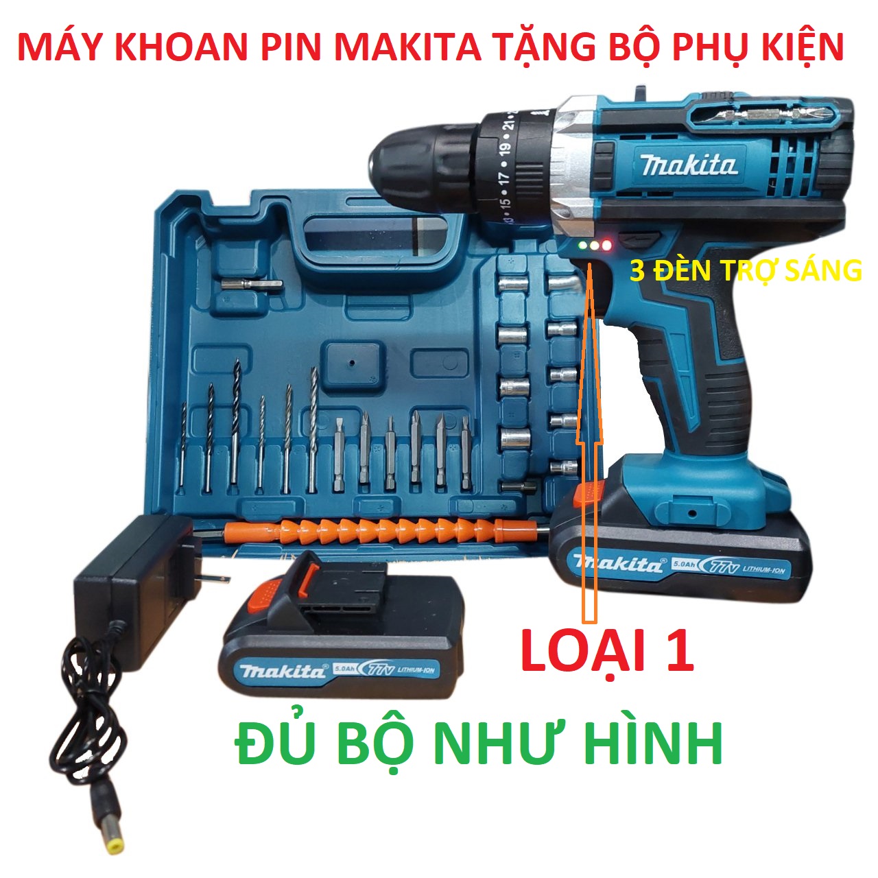 máy khoan pin makita 3 chức năng 77v tặng bộ phụ kiện, máy khoan búa cầm tay, máy khoan bắn vít