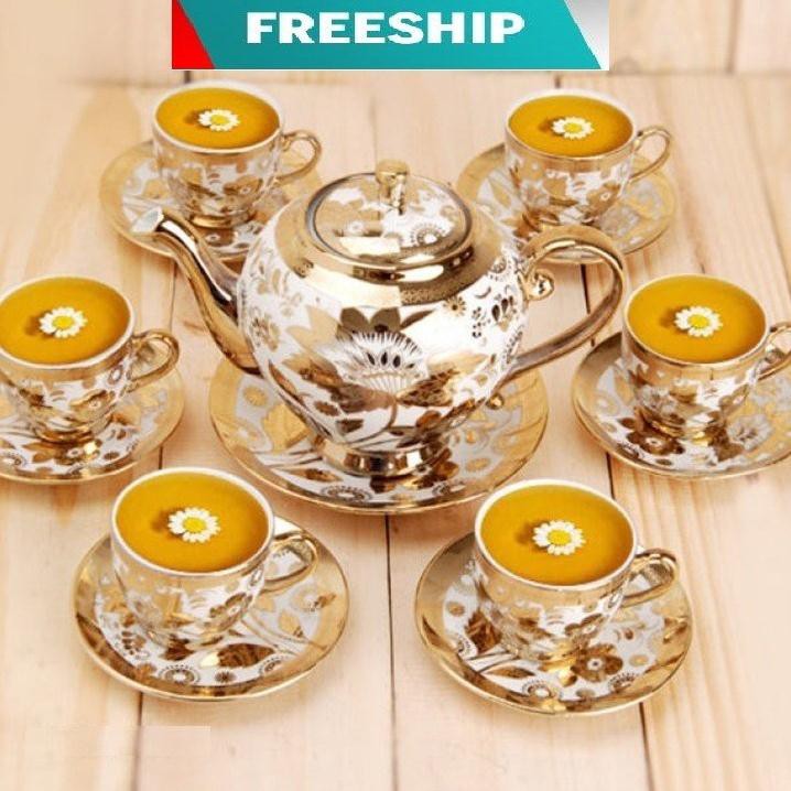 BỘ TÁCH TRÀ HOA VĂN NHŨ VÀNG HOÀNG GIA 6 LY KÈM DĨA ,Bộ ấm chén uống trà dung làm quà tặng hàng cao cấp Phong Cách Hoàng Gia kiểu giáng sang trọng lịch sự bắt mắt được làm từ sứ cao cấp an toàn cho người sử dụng BAO HÀNH 3 THÁNG