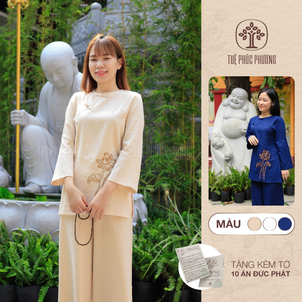 Pháp phục nữ đi chùa cổ tròn thêu hoa sen vải thô đũi LINEN Tuệ Phúc Phương