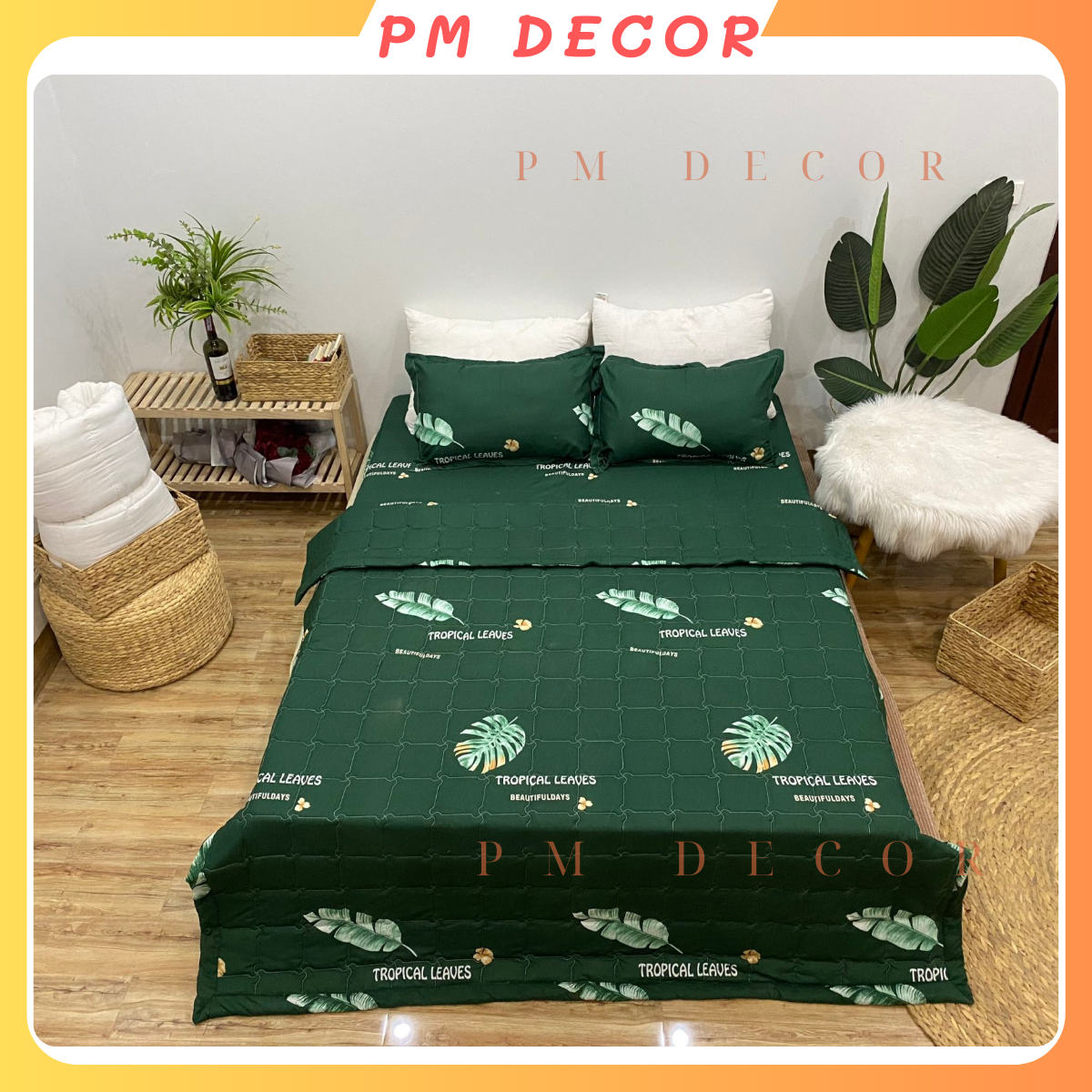 Bộ Chăn Ga Gối Hè Thu 5 Món Mẫu Lá Chuối Xanh CHM32 ( Gồm 1 Chăn Hè, 1 ga bo chun,2 vỏ gối nằm và 1 vỏ gối ôm)