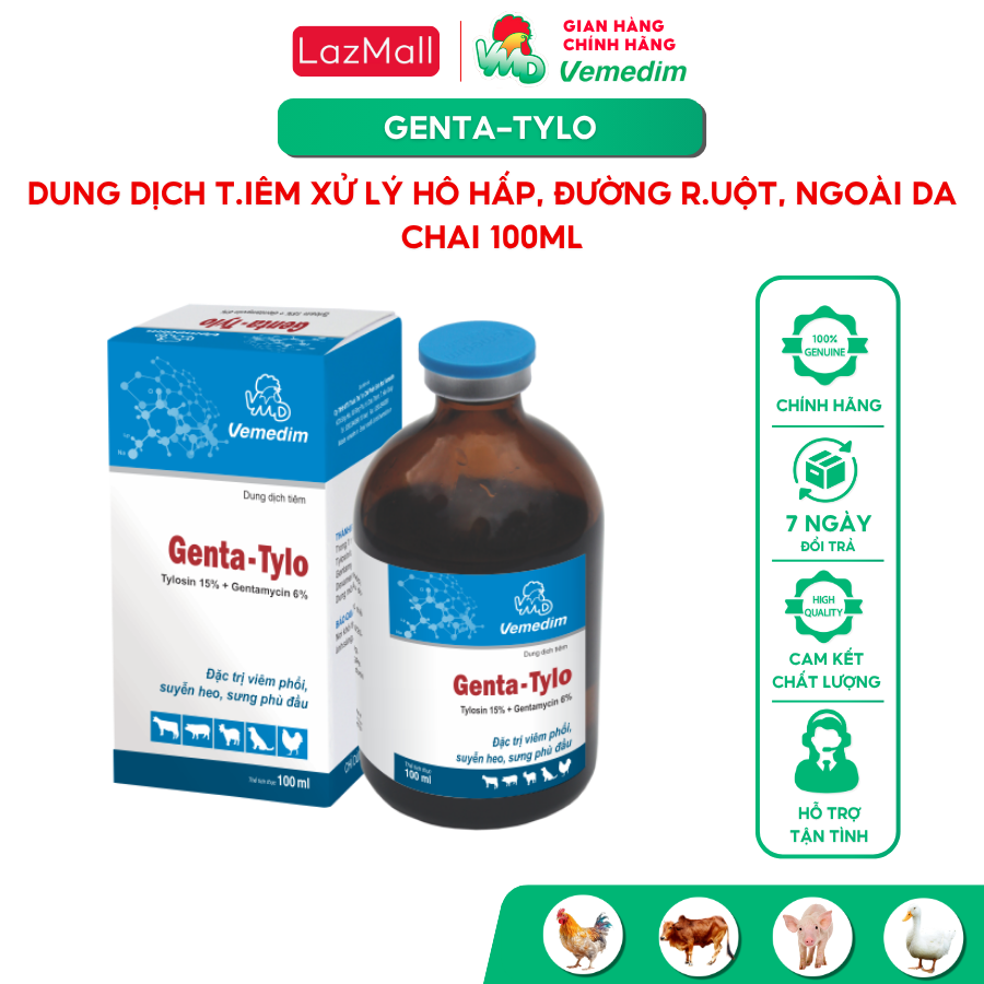 Vemedim Genta-tylo dung dịch tiêm tr-ị v-iêm phổi, tiêu hóa cho chó, mèo, gia súc và gia cầm, chai 100ml