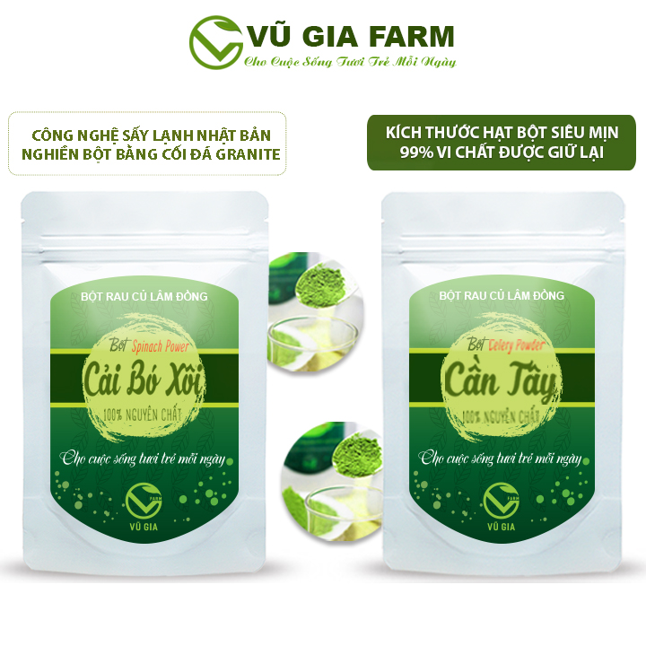 Combo bột cần tây + bột cải bó xôi - Sấy lạnh nguyên chất Vũ Gia - Giảm cân an toàn, giải độc, ngừa ung thư, đắp mặt nạ chăm sóc da