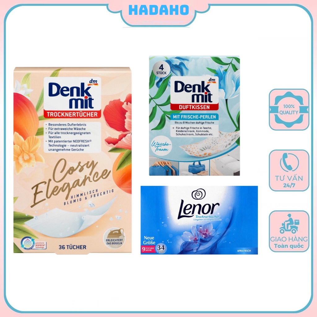 Giấy thơm quần áo denkmit dùng cho máy sấy, giấy thơm quần áo lenor- nội địa đức