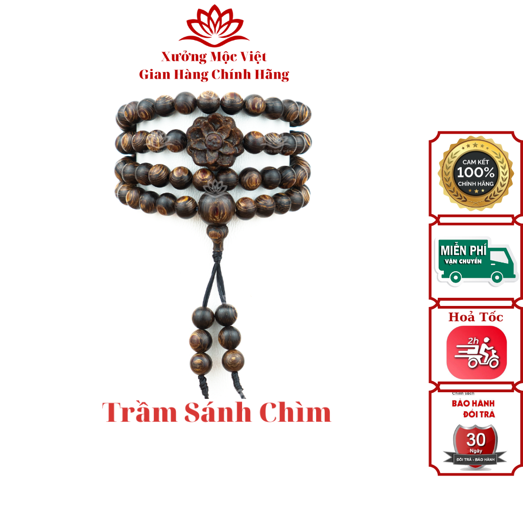 Vòng Trầm Hương Chuỗi Tràng Hạt 108 Sánh Chìm Mix Charm Hoa Sen - Trầm Sánh Chìm Xưởng Mộc Việt Size 6/7/8mm