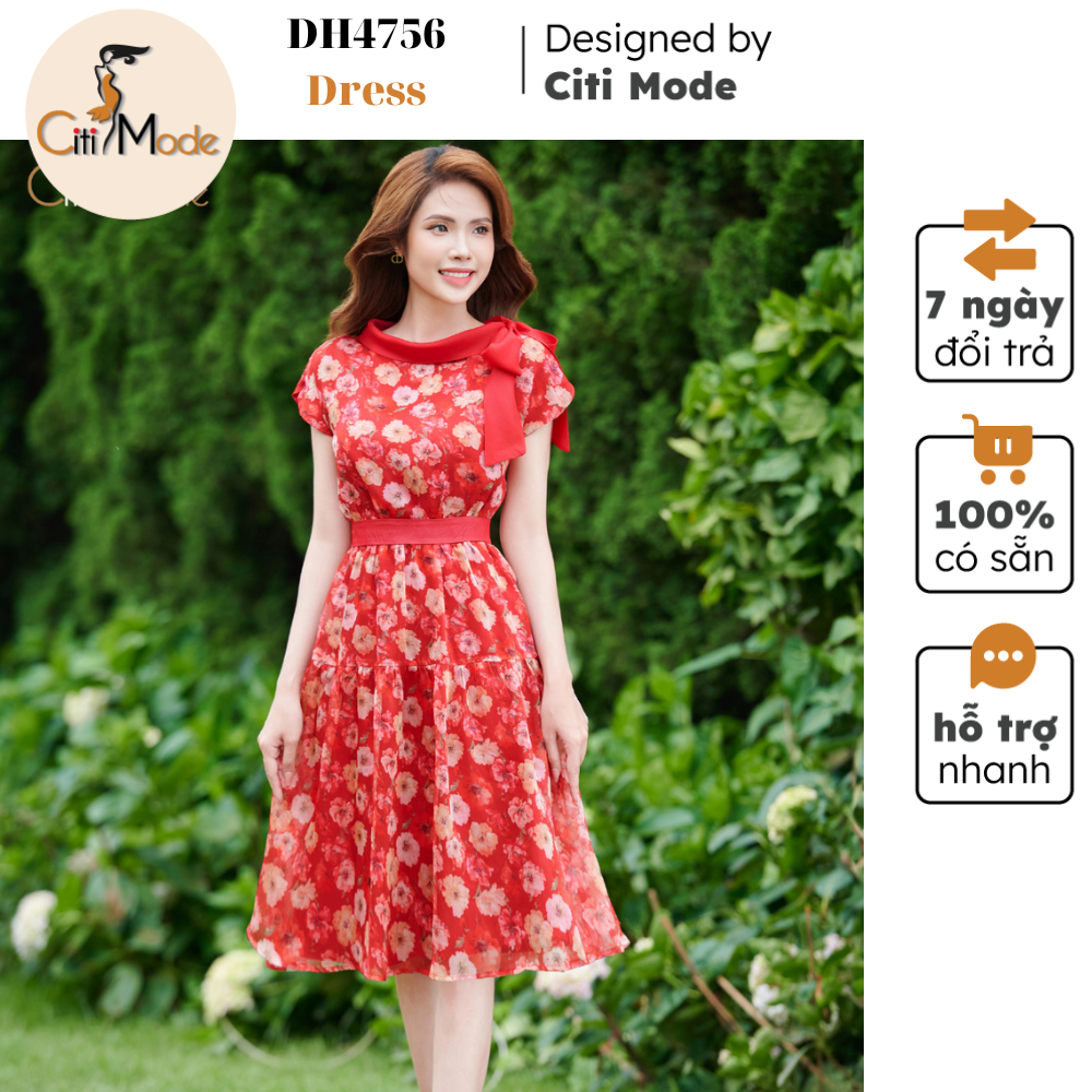 Đầm công sở citi mode fashion thiết kế dáng xoè hoa đỏ tay chờm dh4756