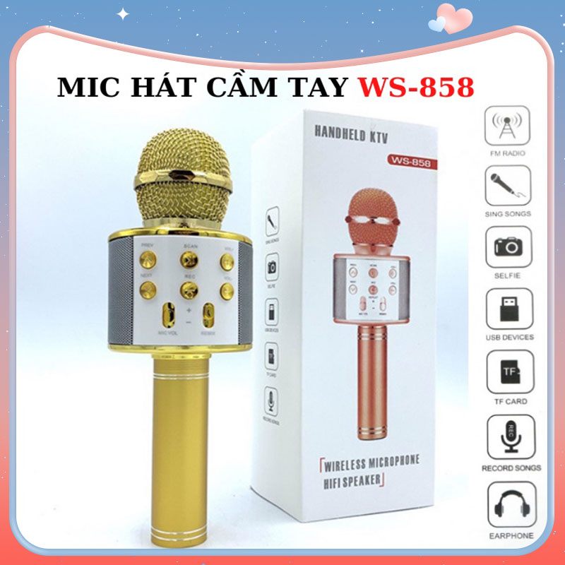 Micro Hát Karaoke Bluetooth Không Dây WS-858, Kèm loa Âm vang Ấm mic hát karaoke cầm tay mini micro hát trên xe hơi mic hát , loa bluetooth mini