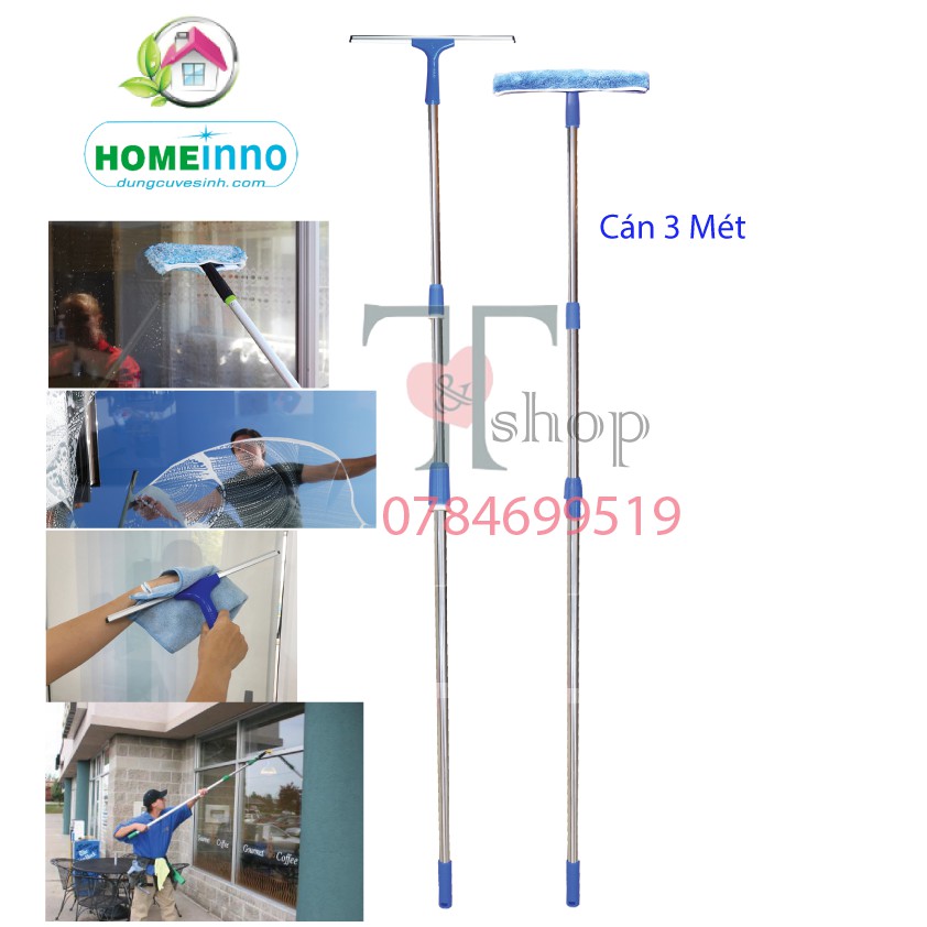 Bộ cây lau kính, gạt nước kiếng homeinno cán tăng đơ dài 3m