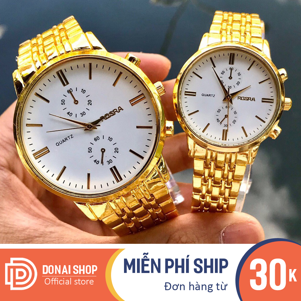 Đồng hồ cặp nam nữ chống nước dây thép vàng Rosra máy kim chạy pin - Đồng hồ cặp tình yêu, tình nhân R195.DONAI