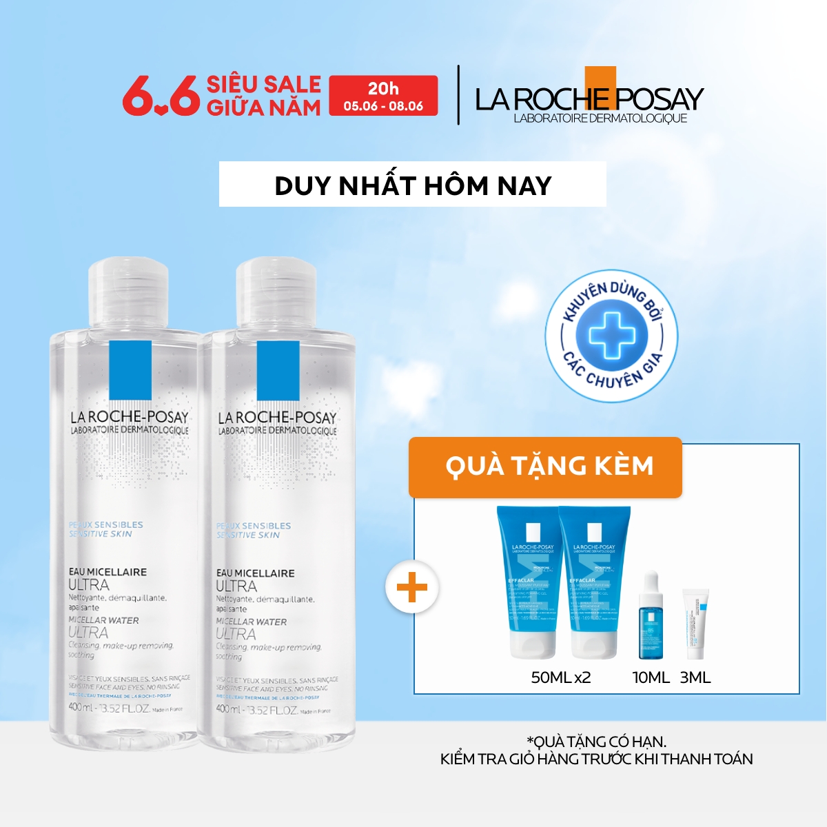 Bộ đôi nước làm sạch sâu và tẩy trang cho da nhạy cảm La Roche-Posay Micellar Water Ultra Sensitive Skin 400ml