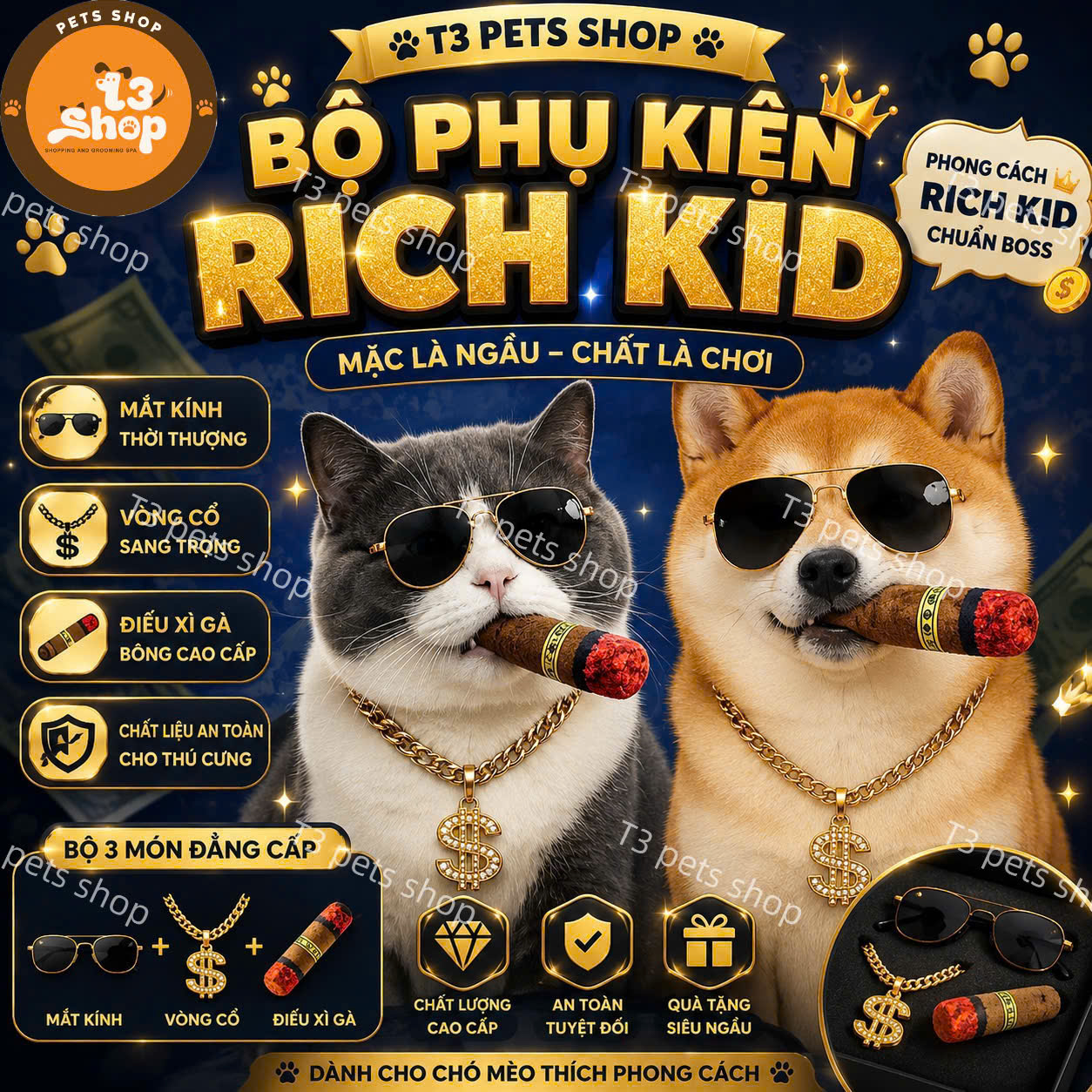 1 set 3 món SUPER RICH - dây chuyền vàng / xì gà / mắt kính dành cho chó mèo -T3 PETS SHOP