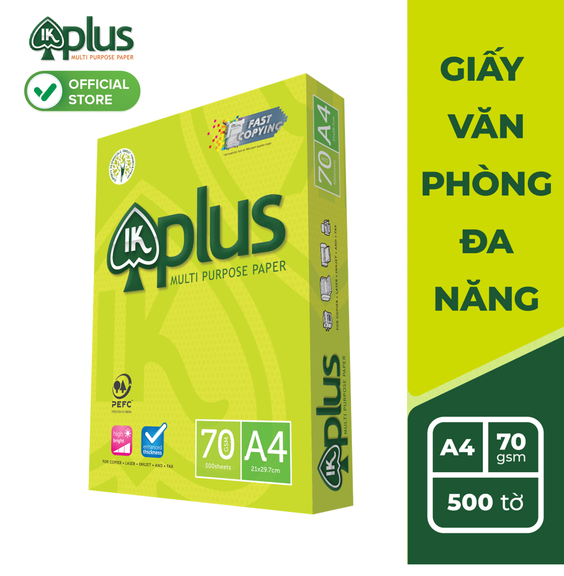 Giấy IK PLUS A4 70gsm - Giấy photo, giấy in văn phòng, giấy vẽ - Hàng chính hãng (5 reams)