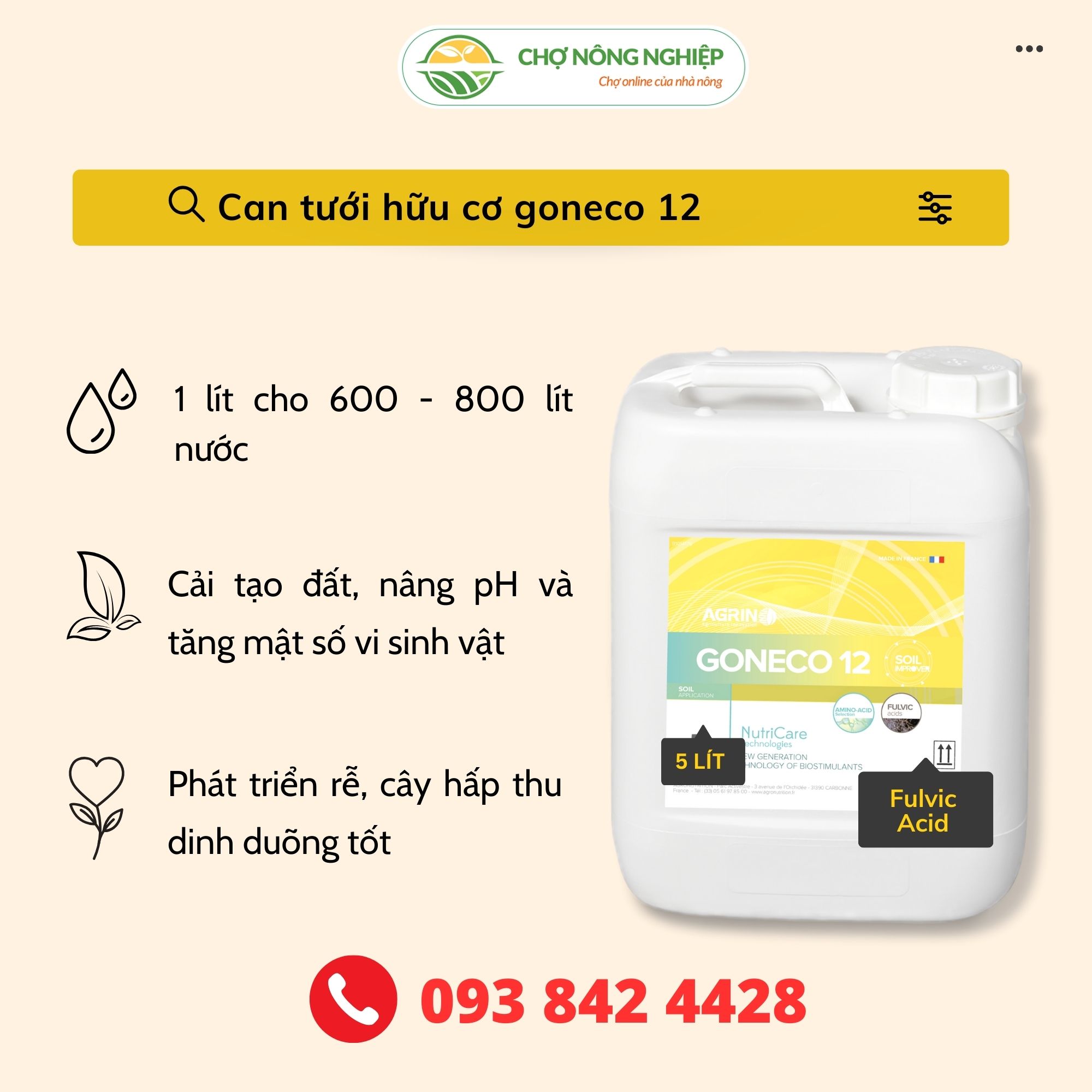 Phân bón hữu cơ Goneco 12 Agrino can 5 LÍT - Đất tốt từng ngày, dập ngay suy thoái