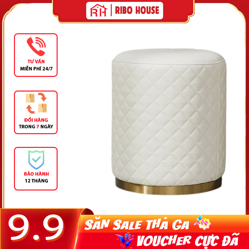Ghế đôn sofa bàn trang điểm RIBO HOUSE chân kim loại, họa tiết quả trám, vải nhung nỉ bọc toàn thân RIBO 209