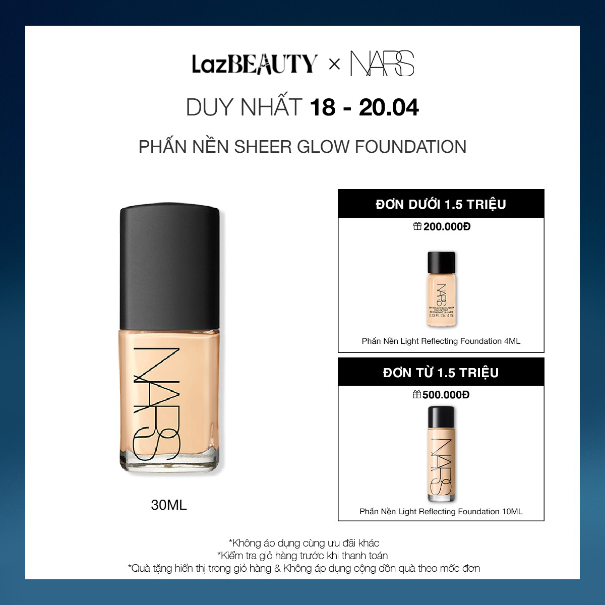 [18-20.04 | QUÀ TẶNG ĐẾN 500K] Phấn nền dạng lỏng NARS Sheer Glow Foundation 30ml