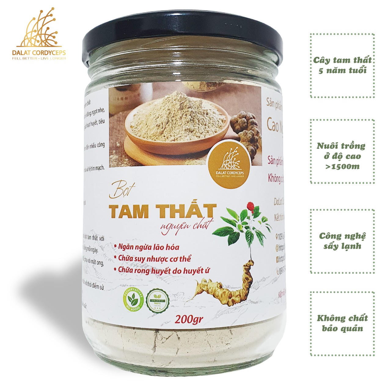 Bột củ tam thất bắc nguyên chất sấy khô - Dalat Cordyceps - Loại cao cấp