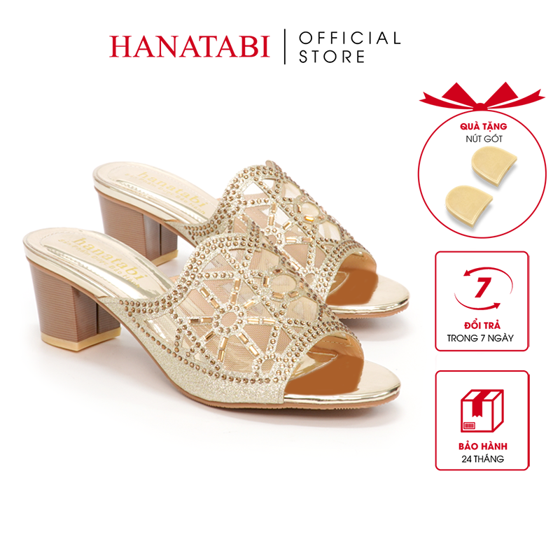 Dép Nữ Hanatabi Quai Kim Tuyến Phối Lưới Xoàn Gót Cao 5cm Mã HNDE5F796 (Size 35 -&gt;41)