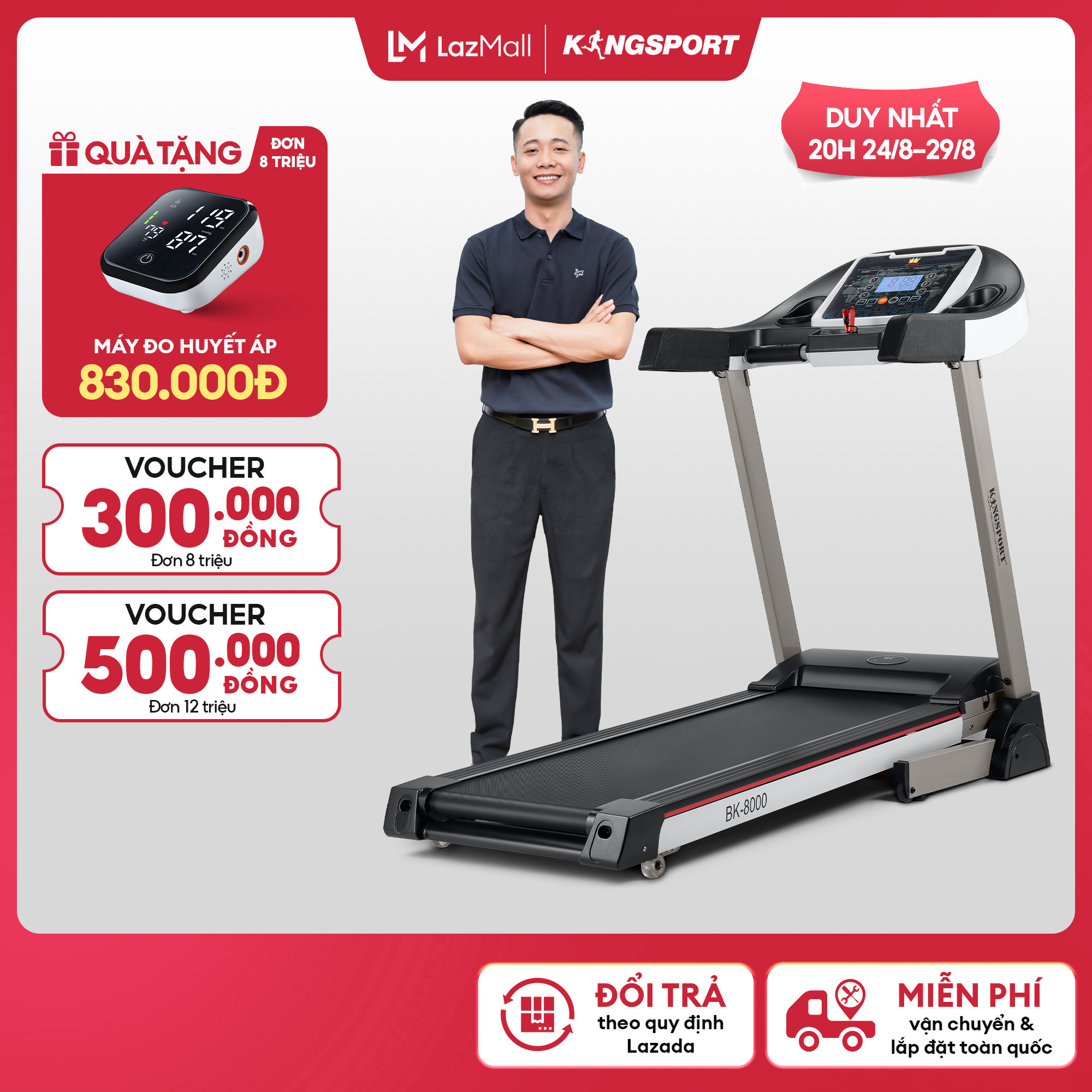 Máy chạy bộ kingsport bk-8000 đơn năng,tốc độ tối đa 14km/h, 12 chường trình luyện tập, tra dầu tự động
