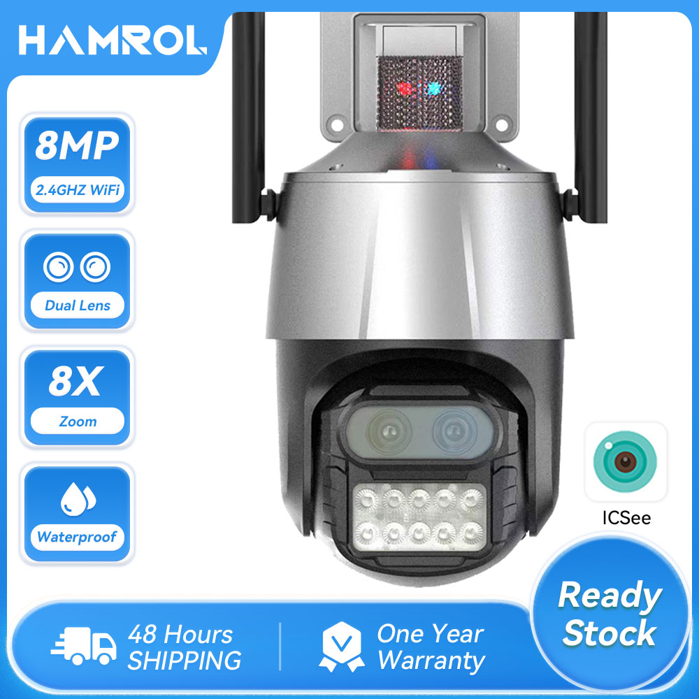Hamrol 8mp 4k ptz wifi ip camera dual lens 8x zoom motion detection police light alarm outdoor cctv camera connect to cellphone with voice