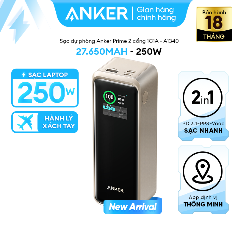 Pin Dự Phòng Anker Prime 27.650mAh | Công suất lớn 250W | 3 cổng 2C1A | Hỗ trợ App | Màn hình led thông minh - A1340