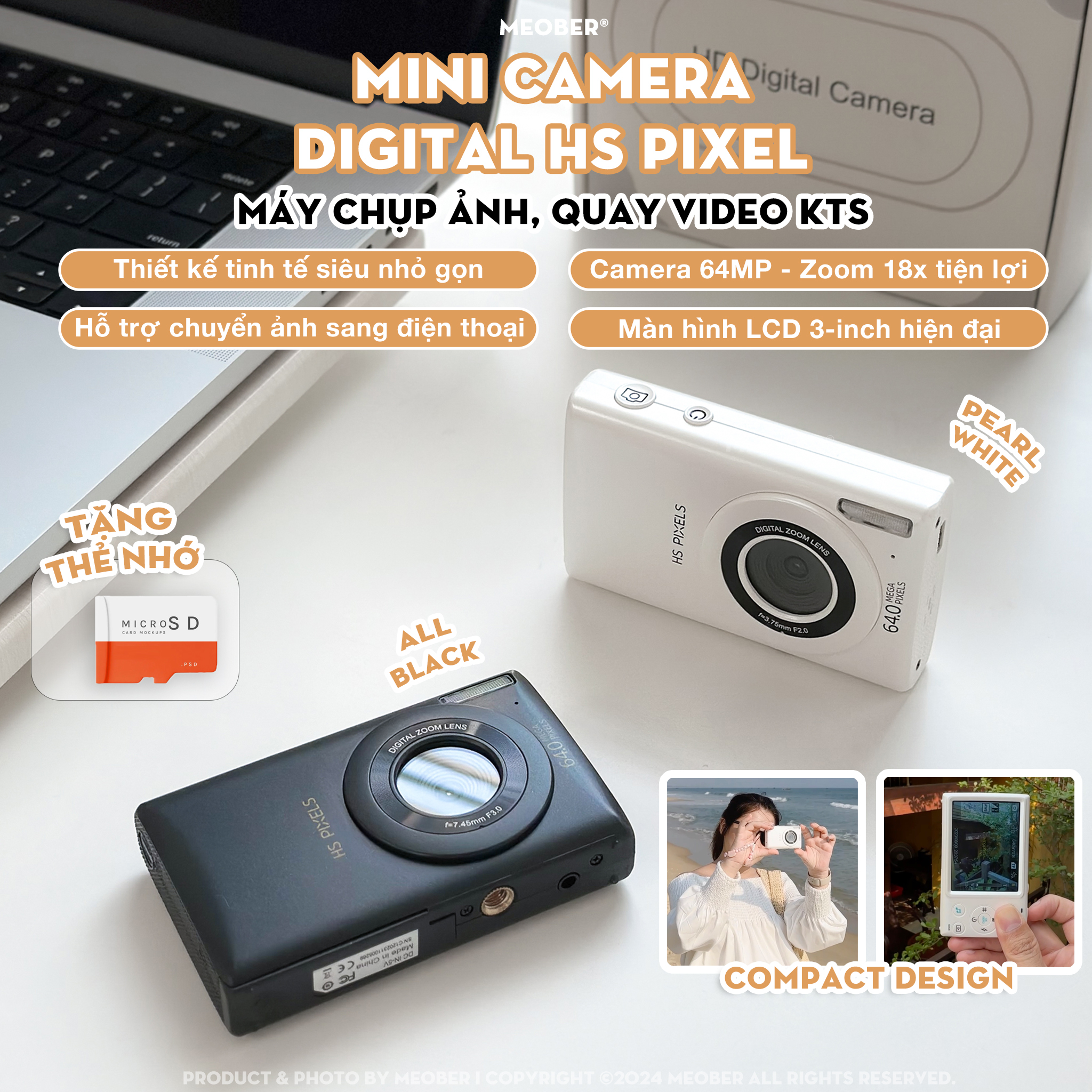 [Tặng thẻ nhớ] Máy ảnh kĩ thuật số digital mini camera HS Pixel - quay, chụp 64MP, siêu mỏng nhỏ gọn by MèoBer