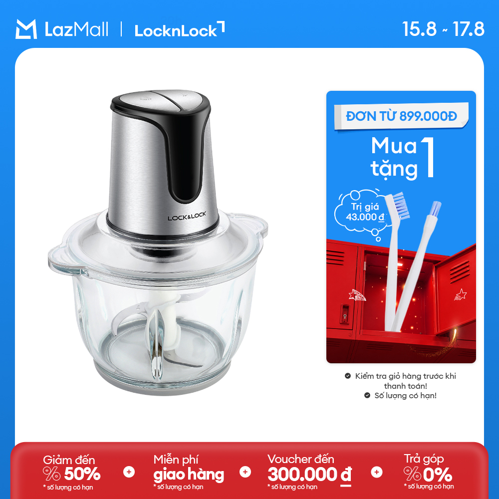 EJM171 - Máy xay thịt đa năng LockLock 2L 300W - Cối thủy tinh, Lưỡi dao kép thép không gỉ, 2 cấp độ xay - chính hãng - Bảo hành 2 năm