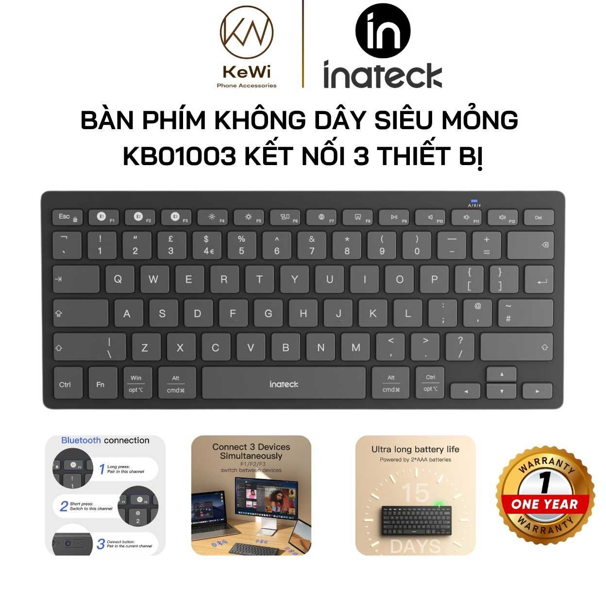 Bàn Phím Bluetooth Không Dây Inateck KB01003, Siêu Mỏng, Gọn Nhẹ, Kết Nối 3 Thiết Bị