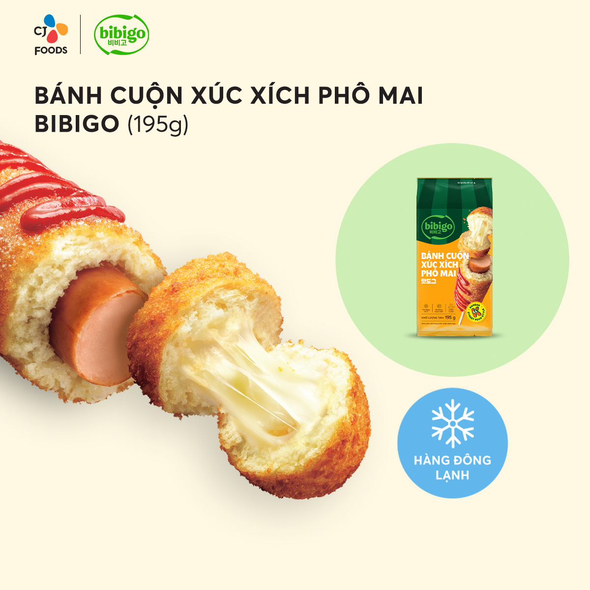 [HCM-HN] Bánhcuộn xúc xích phô mai Bibigo (03 cây Hotdog Hàn Quốc) - Gói 195g
