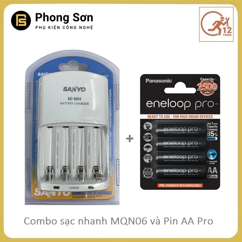Bộ sạc pin AA, AAA MQN06 Sanyo, Sạc nhanh , Đầy tự ngắt , Kèm Bộ 4 pin sạc AA Panasonic Eneloop PRO 2550mAh , Màu đen , Japan