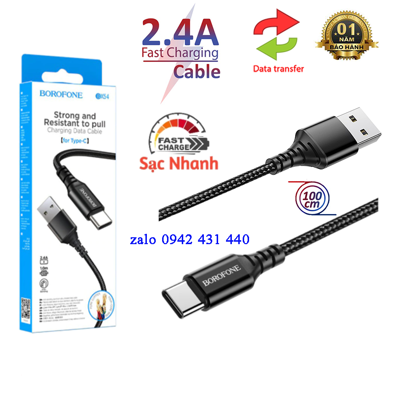 Cáp sạc dây dù borofone bx54 type c 2.4a dài 1m